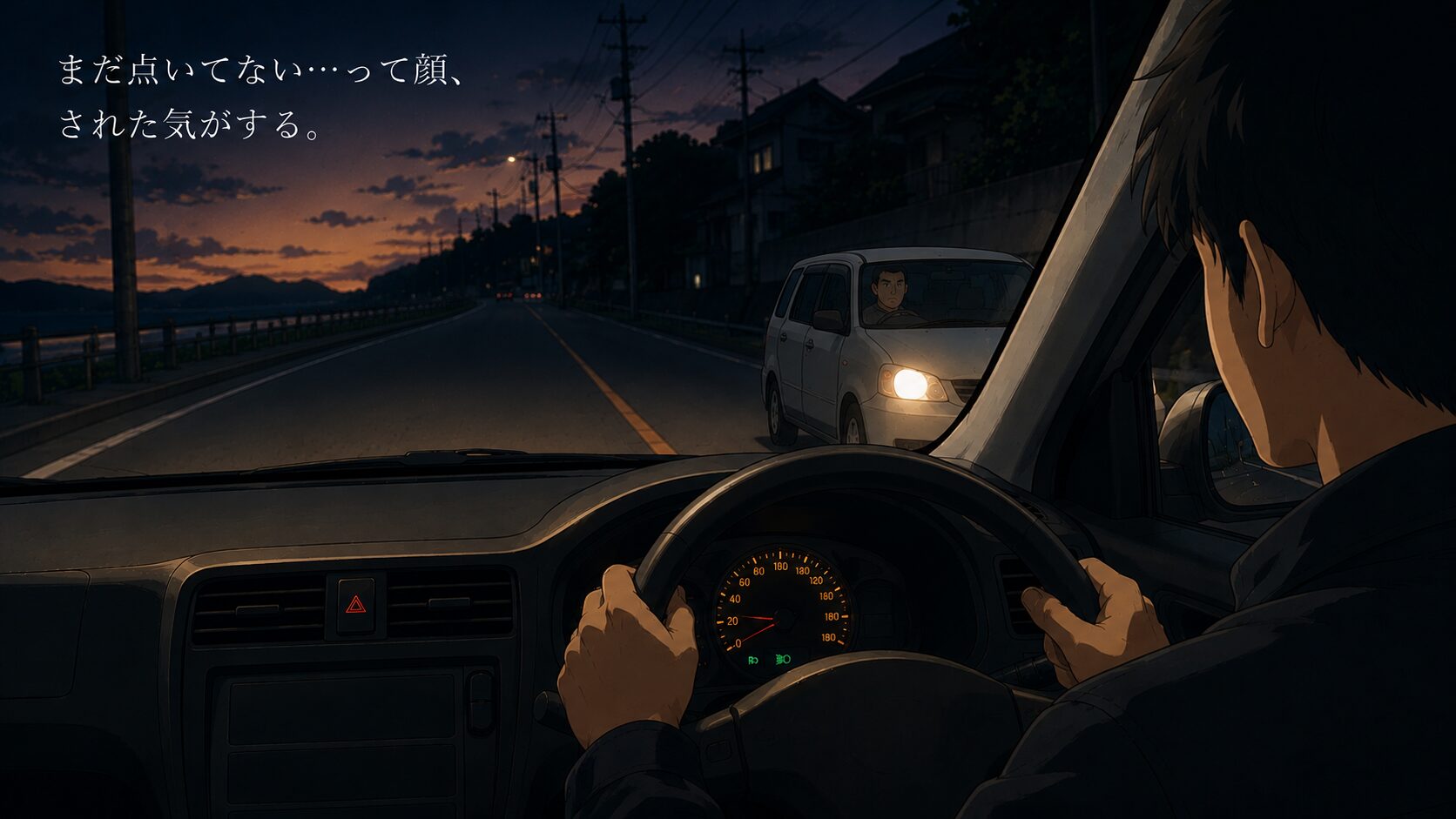 夕暮れの道で対向車とすれ違う際、自車のヘッドライトがまだ点灯していない様子