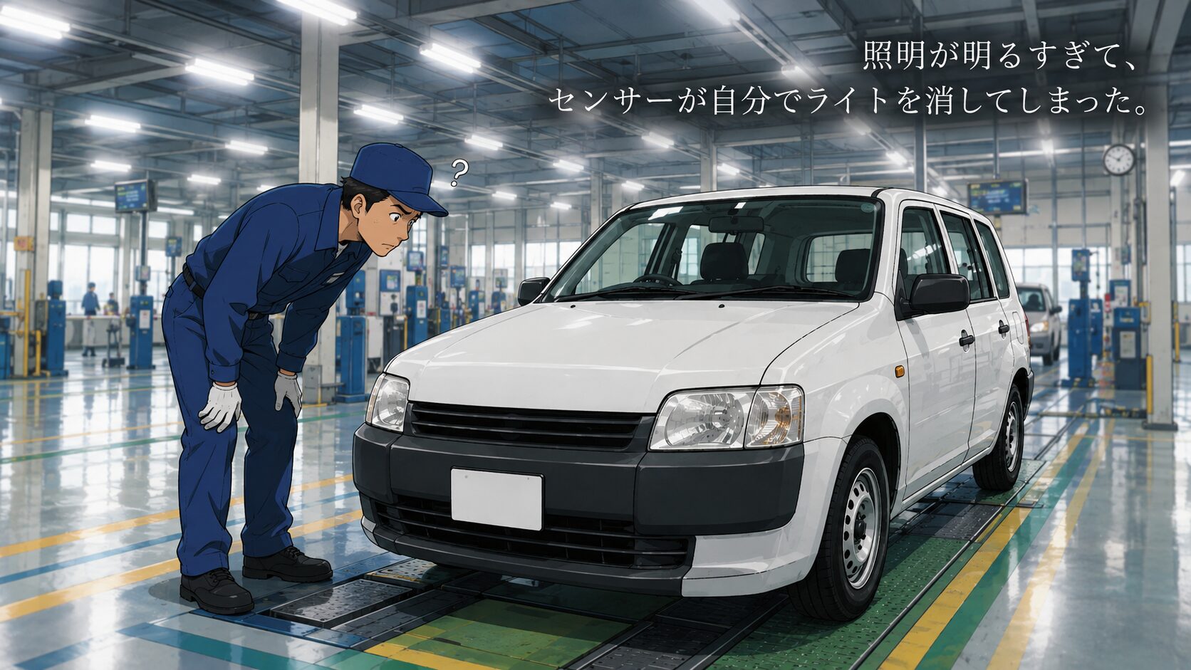 車検場の明るい照明でセンサーが反応し、ライトが消えてしまい整備士が困惑している様子