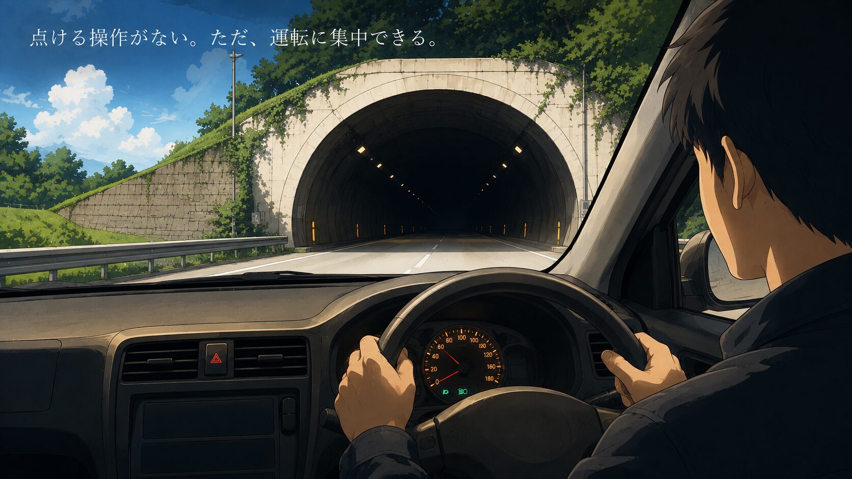 明るい日中の道路からトンネルに入り、ヘッドライトが自動点灯する瞬間