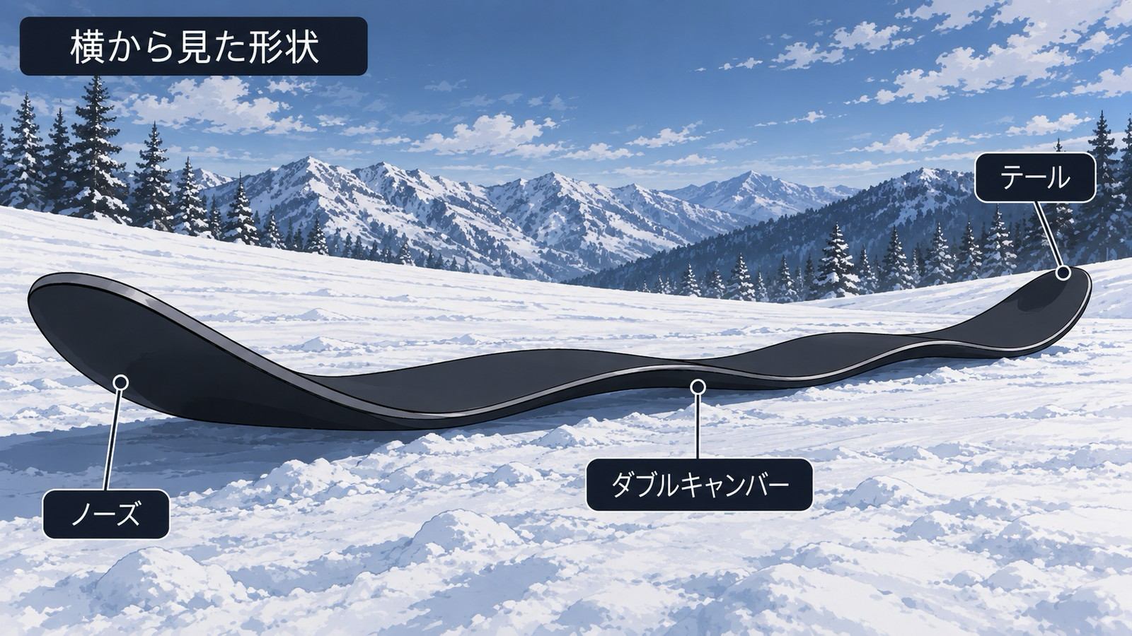 GT SNOWBOARDのBUFFを横から見た形状。ノーズとテールが大きく反り上がり、中央部分がなだらかな波を描くダブルキャンバー形状になっている