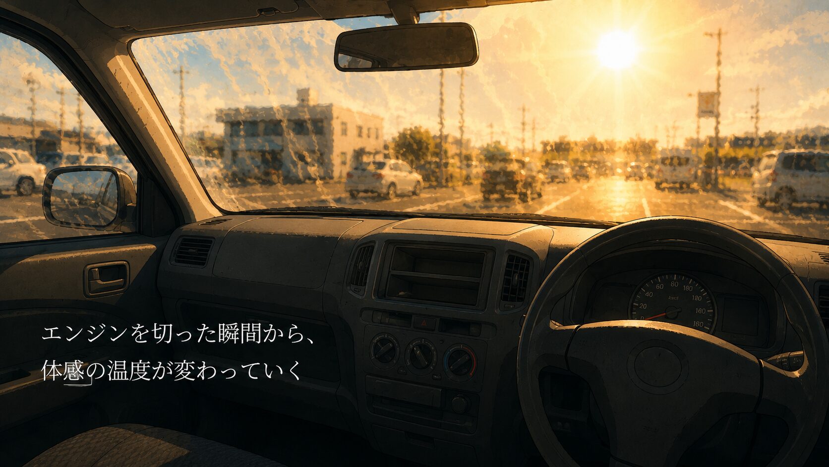 真夏の炎天下、エンジンを止めた車内から見た強い日差し