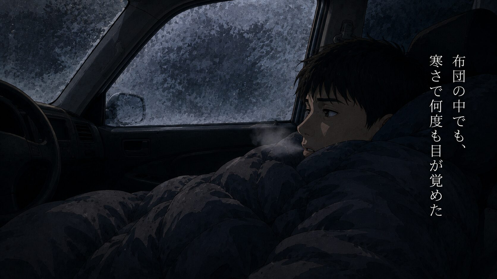 冬の夜、布団にくるまりながら車の窓越しに外を見る人物。吐く息が白い