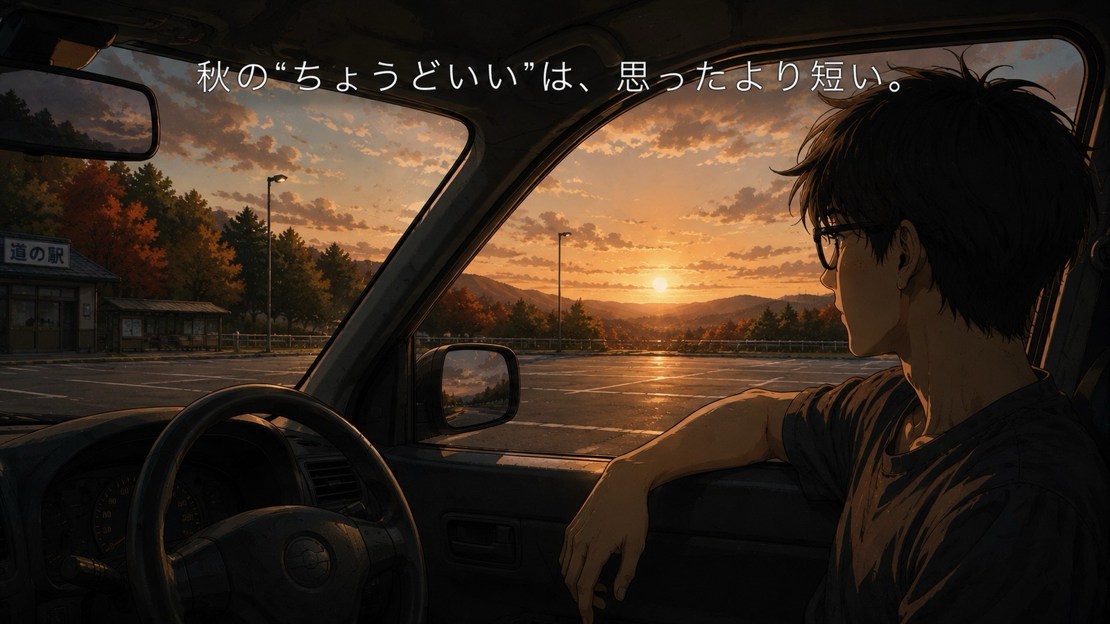 秋の夕方、道の駅の駐車場で車の窓を全開にして夕日を眺めている場面。木々が色づき始めているがまだ半袖でいられる暖かさ
