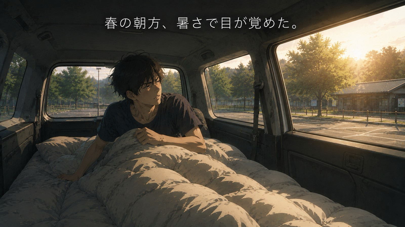 春の朝方、車内で羽毛布団を暑さではねのけて目を覚ました場面。窓の外はもう明るくなり始めている