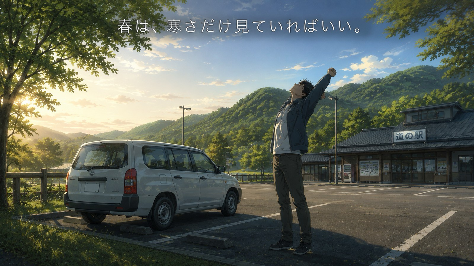 晩春の朝、新緑の道の駅の駐車場で車の外に立ち、伸びをしながら朝の空気を吸い込んでいる場面