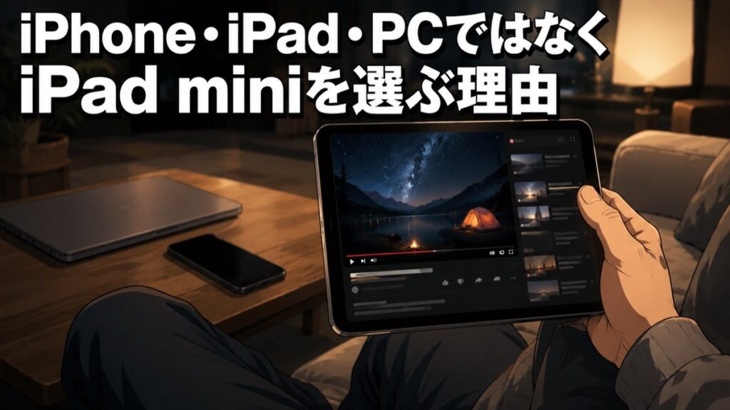 ソファでくつろぎながら片手でiPad miniを持ってYouTubeを観ている様子。テーブルには使われていないスマホとノートPCが置かれている