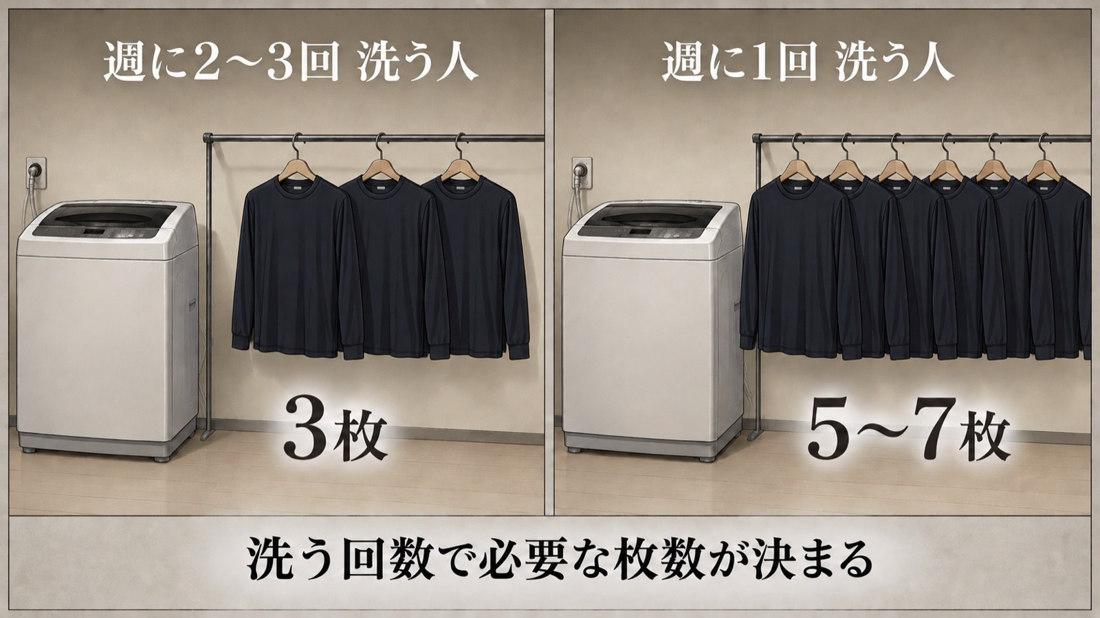 週に2〜3回洗う人は3枚、週に1回洗う人は5〜7枚のメッシュシャツが必要なことを示した比較図