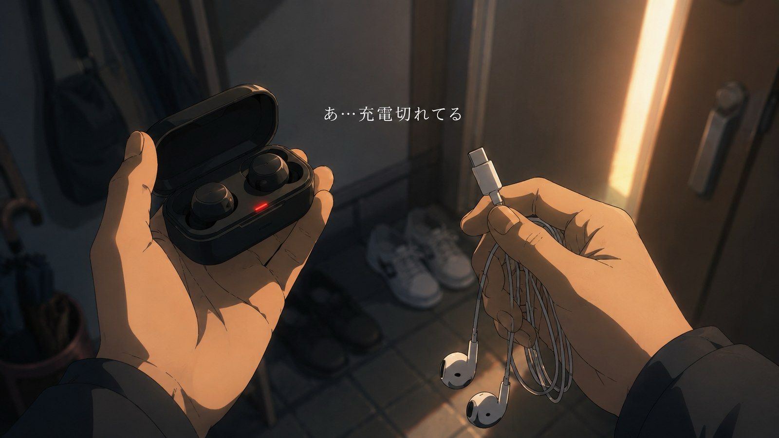 無線イヤホンの充電ケースを開けたら赤いランプ（充電切れ）が点灯していて驚いている様子。もう片方の手には有線イヤホンを持っている