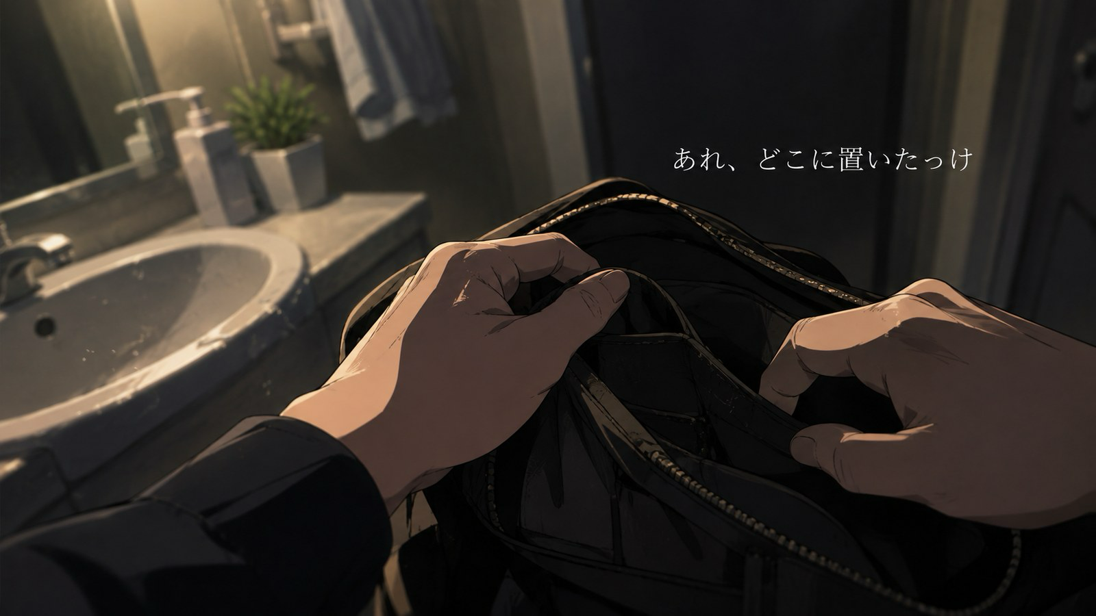 洗面所で手を洗った流れで無線イヤホンをつい置き忘れてしまい、鞄のポケットを探っても見当たらず戸惑っている様子