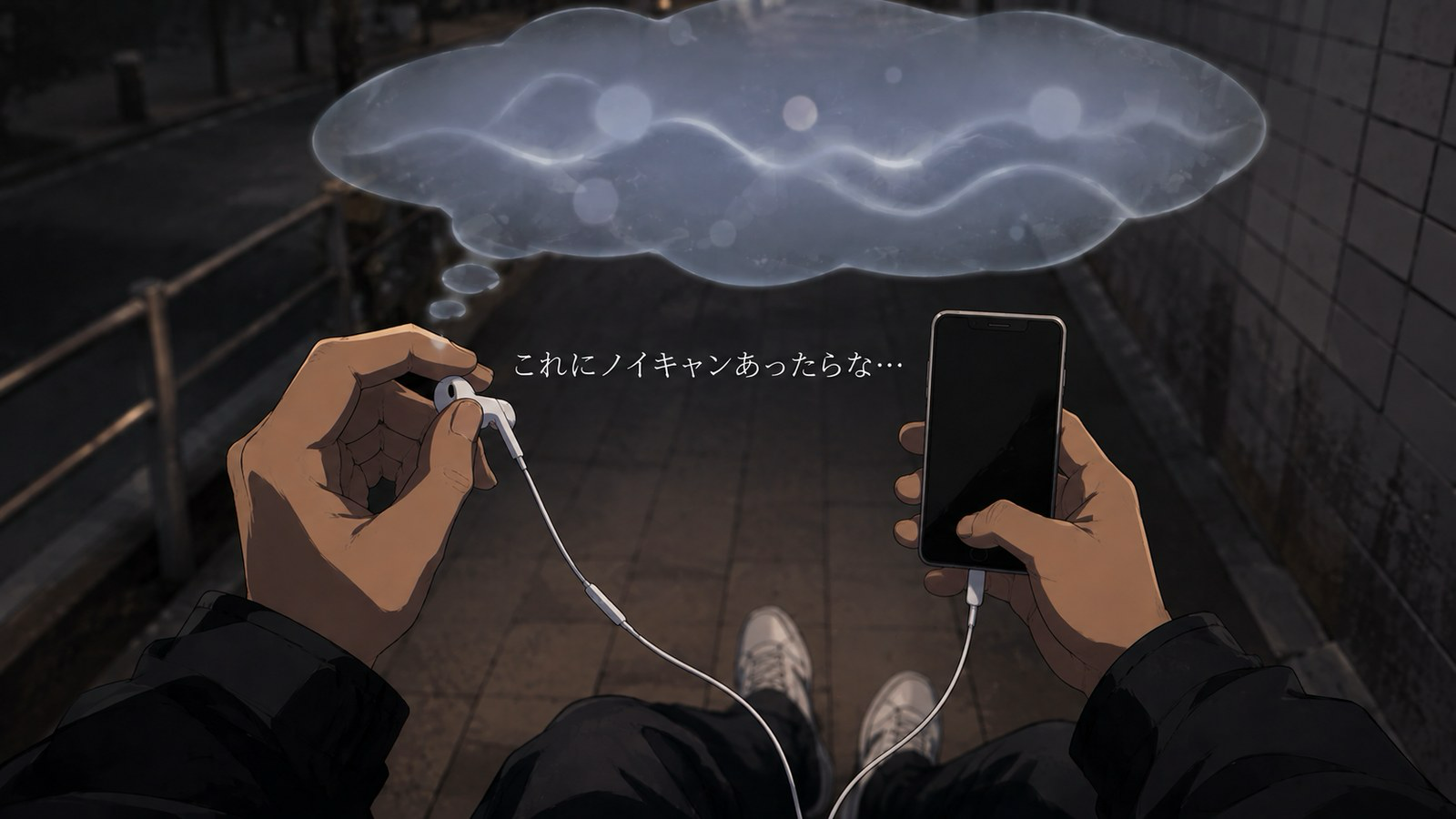 有線イヤホンを耳につけたまま、頭の中でノイズキャンセリング機能があったらと想像している様子