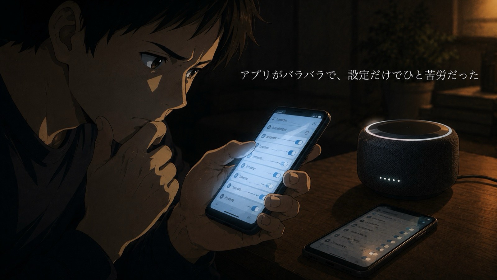 スマートフォンの複数のアプリ画面を見比べながら連携設定に苦戦している様子のイラスト