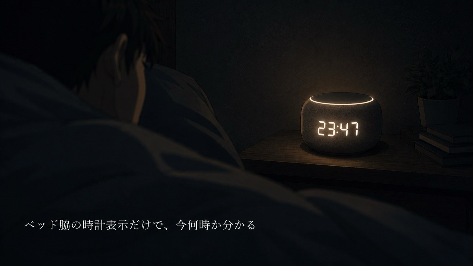 夜、ベッド脇に置かれたEcho Dotが時刻を表示している様子のイラスト
