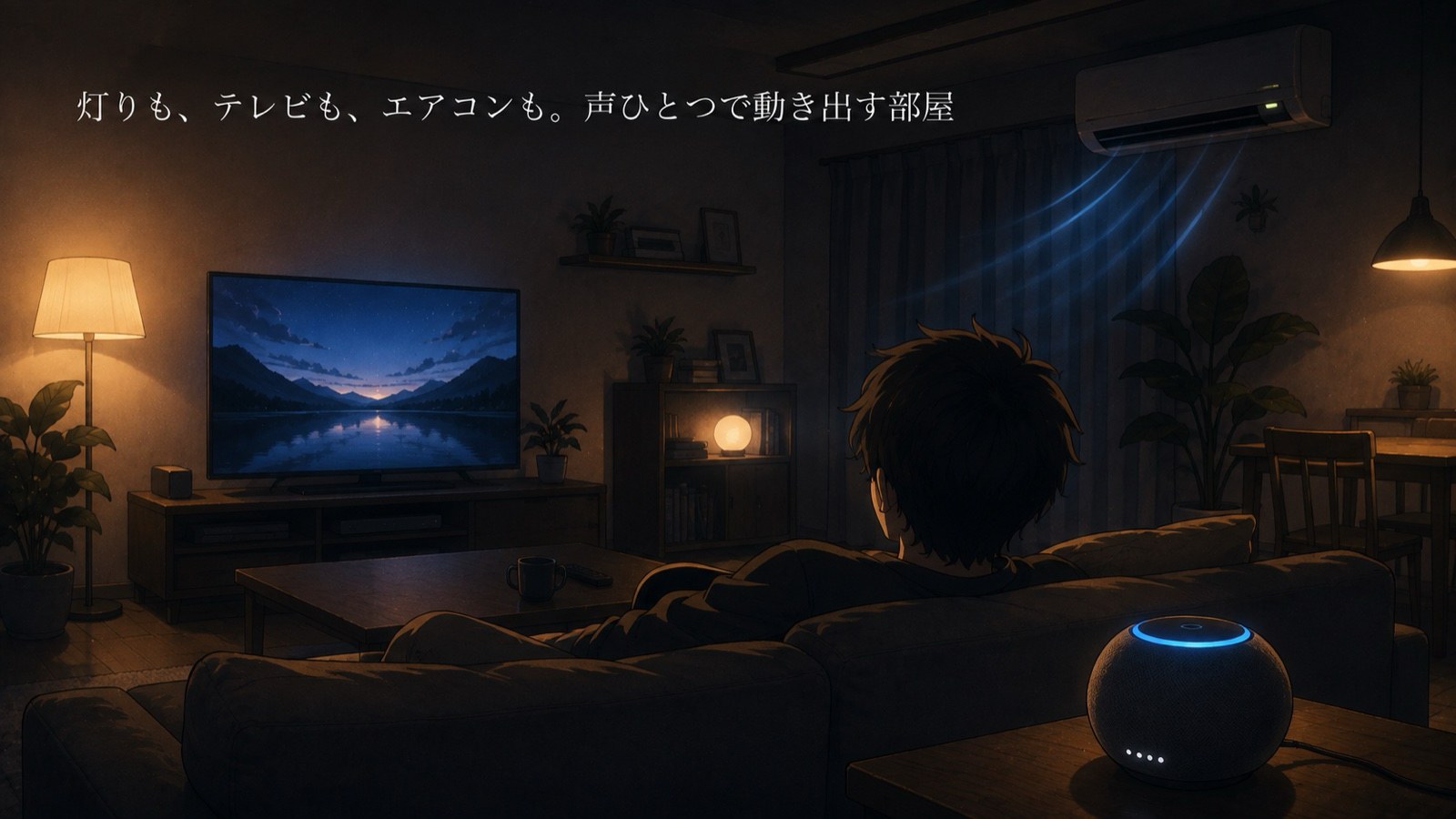 声の操作だけで照明・テレビ・エアコンが同時に動き出すリビングの様子のイラスト