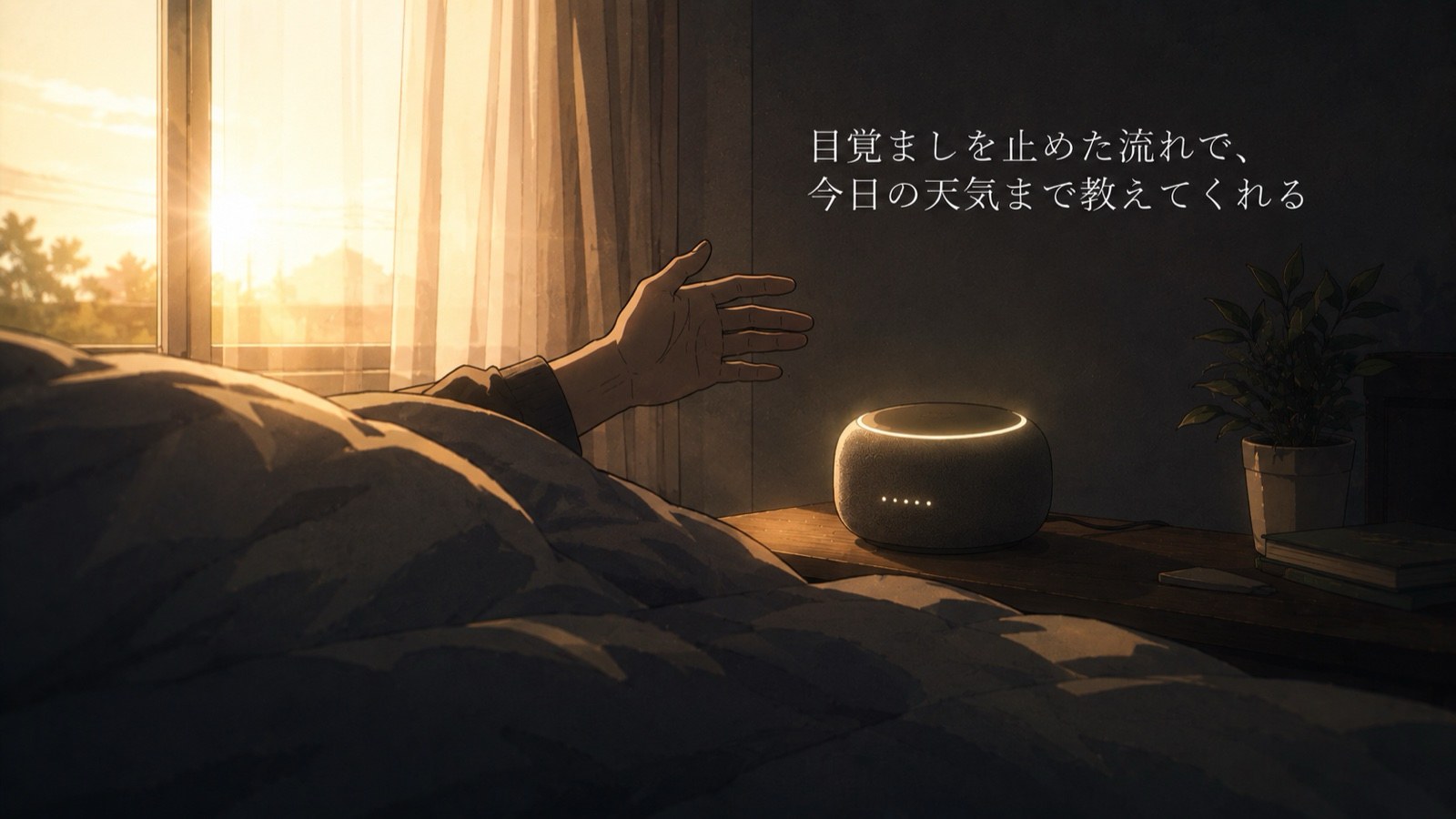 朝、布団の中から目覚ましを止めながらEcho Dotに天気を尋ねている様子のイラスト
