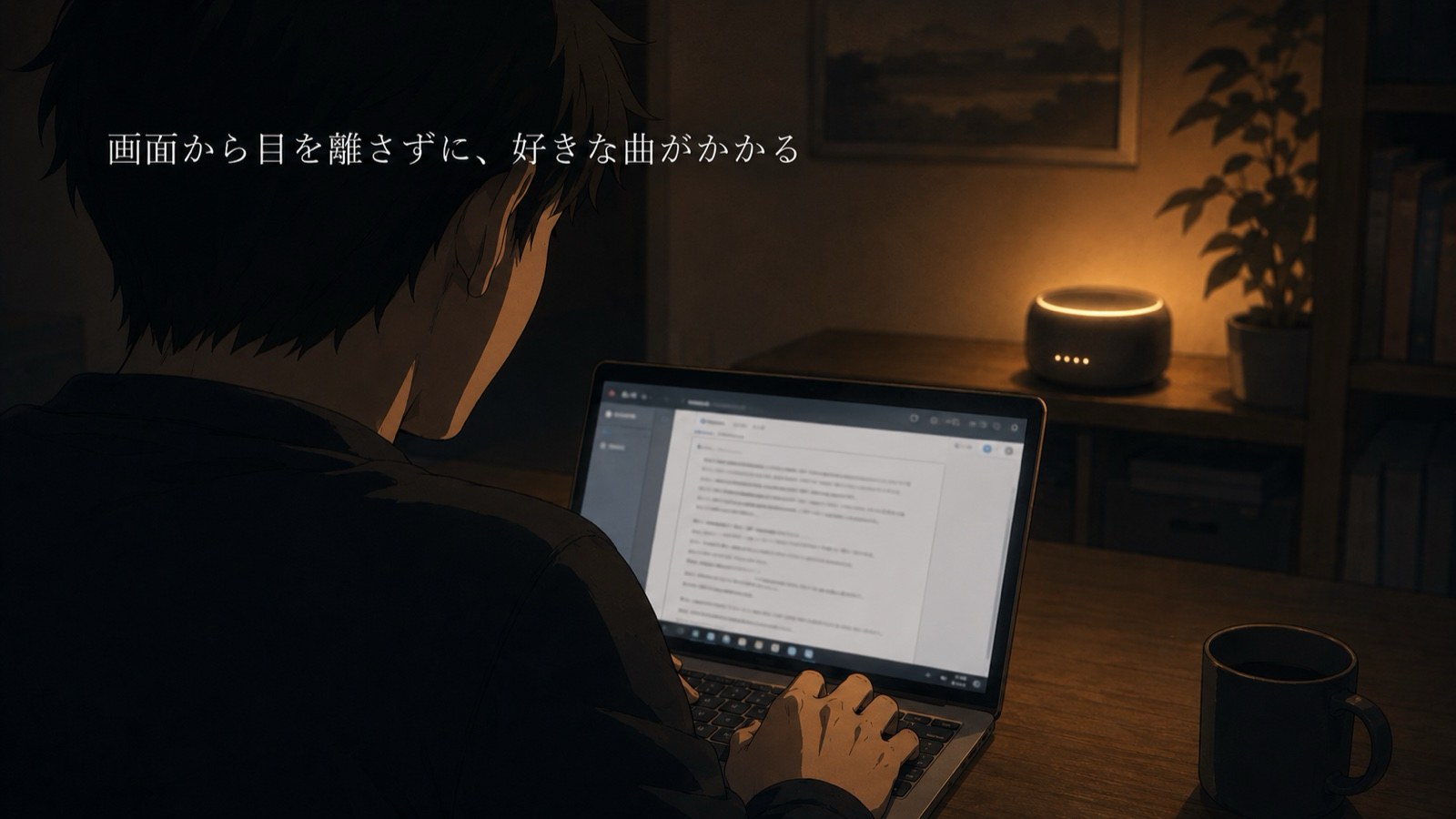 デスクでノートPCに向かって作業しながらEcho Dotで音楽を流している様子のイラスト