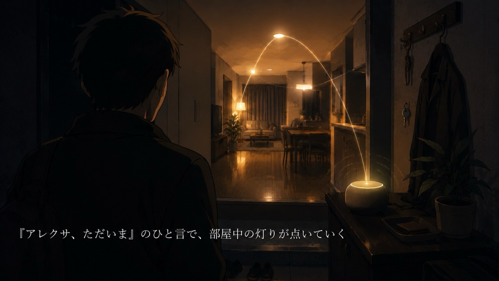「アレクサ、ただいま」と声をかけると部屋の照明が次々に点灯する様子のイラスト