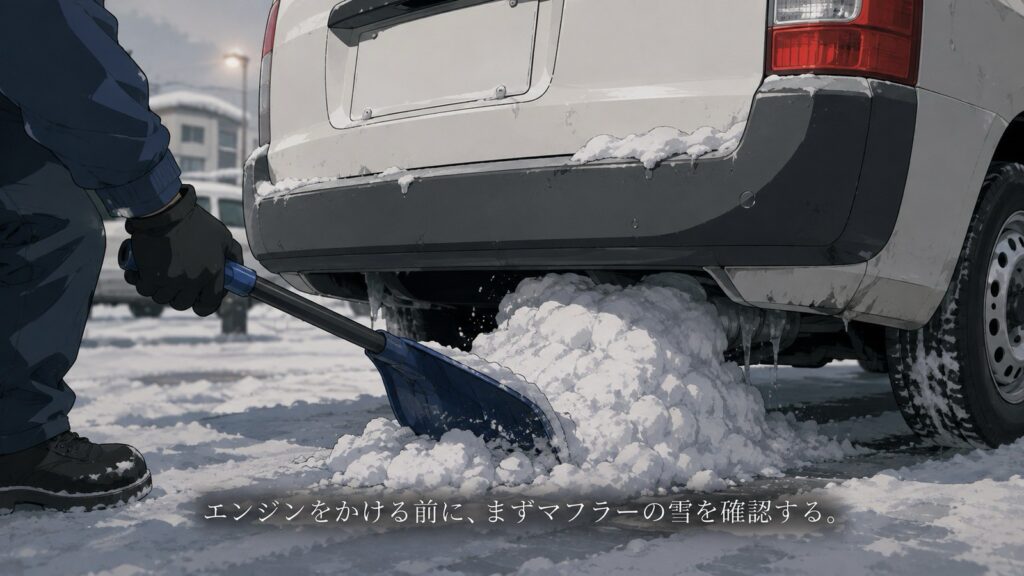 雪が積もった駐車場でプロボックスのマフラー周りの雪をスコップでどかしている様子のイラスト