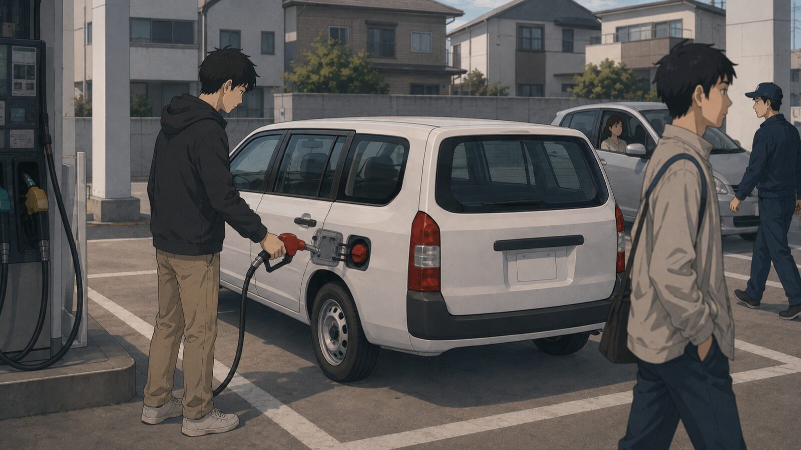 ガソリンスタンドで給油中、給油口キャップカバーの色に店員や通行人が誰も気づいていない場面のイラスト