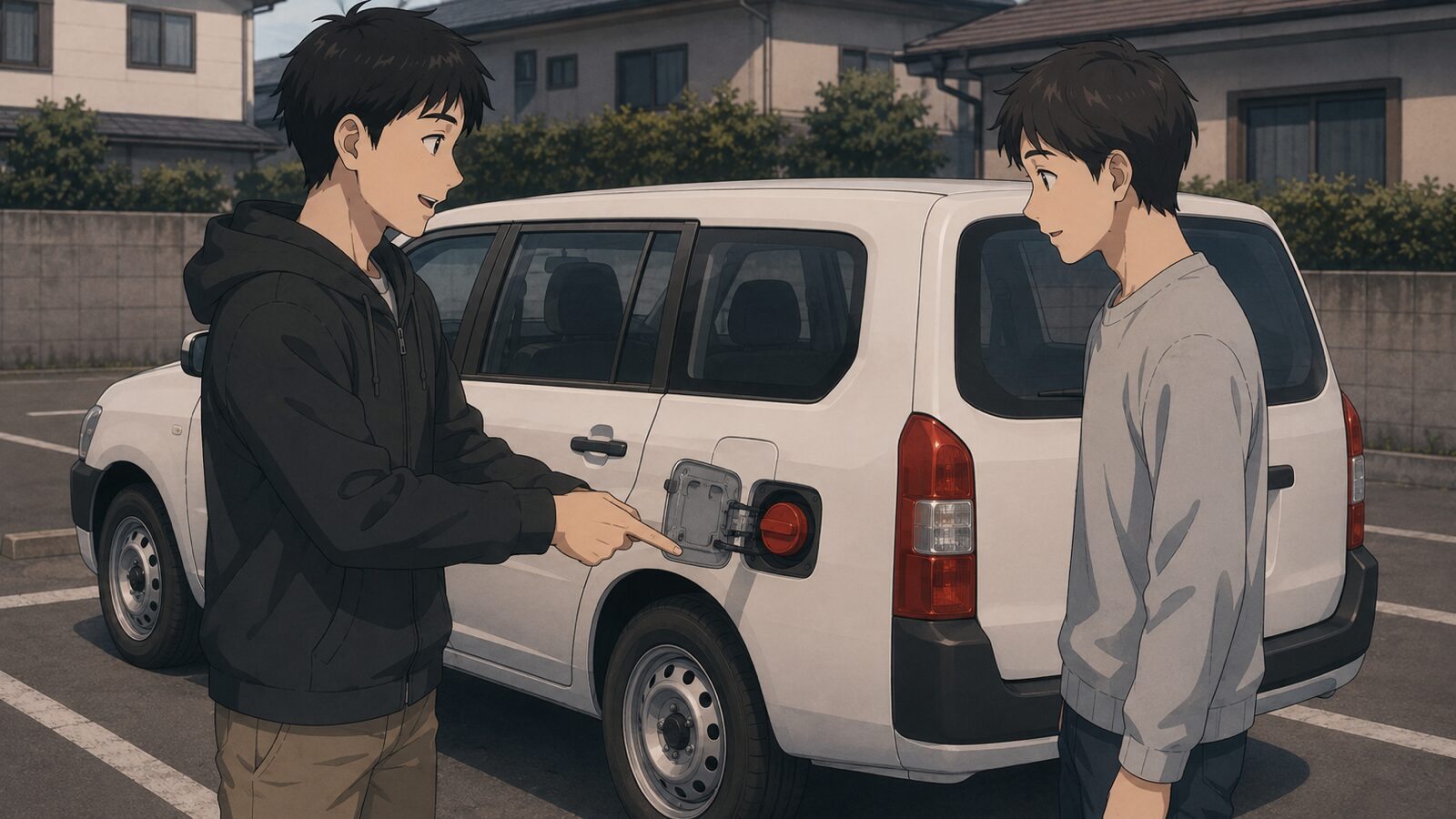 車を貸す相手に、給油口キャップカバーの赤い色を指差してレギュラーガソリンだと伝えている場面のイラスト