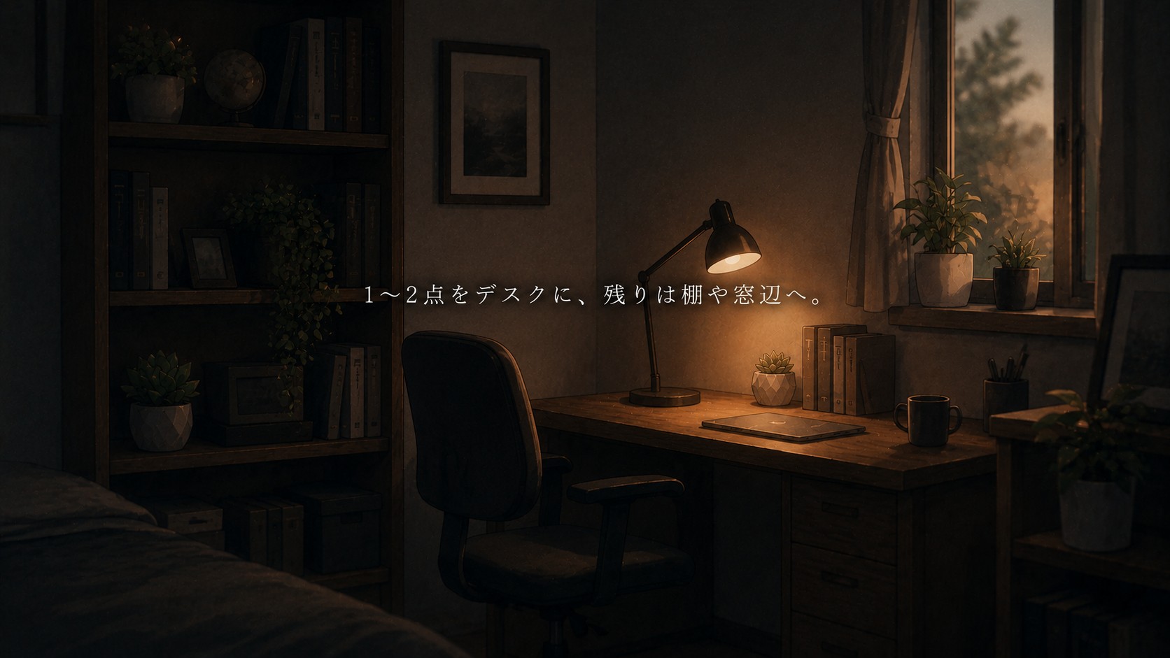 デスクの片隅と棚・窓辺にフェイクグリーンを分散して置いた部屋の様子