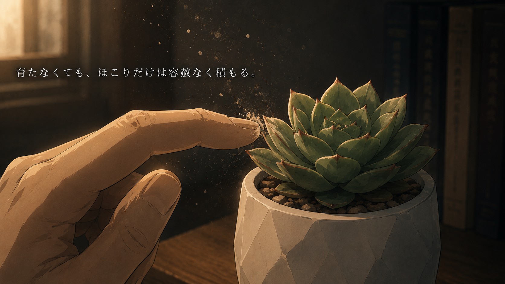 フェイクグリーンの葉にうっすら積もったほこりに指先で気づく様子