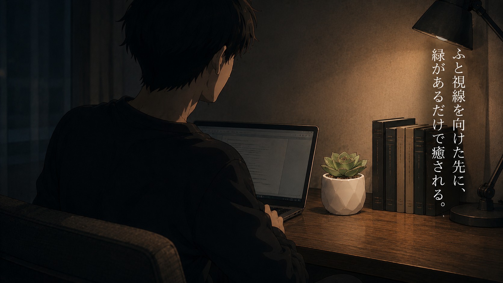 デスクでノートパソコンに向かう男性の後ろ姿と、そばに置かれた鉢植えのイラスト