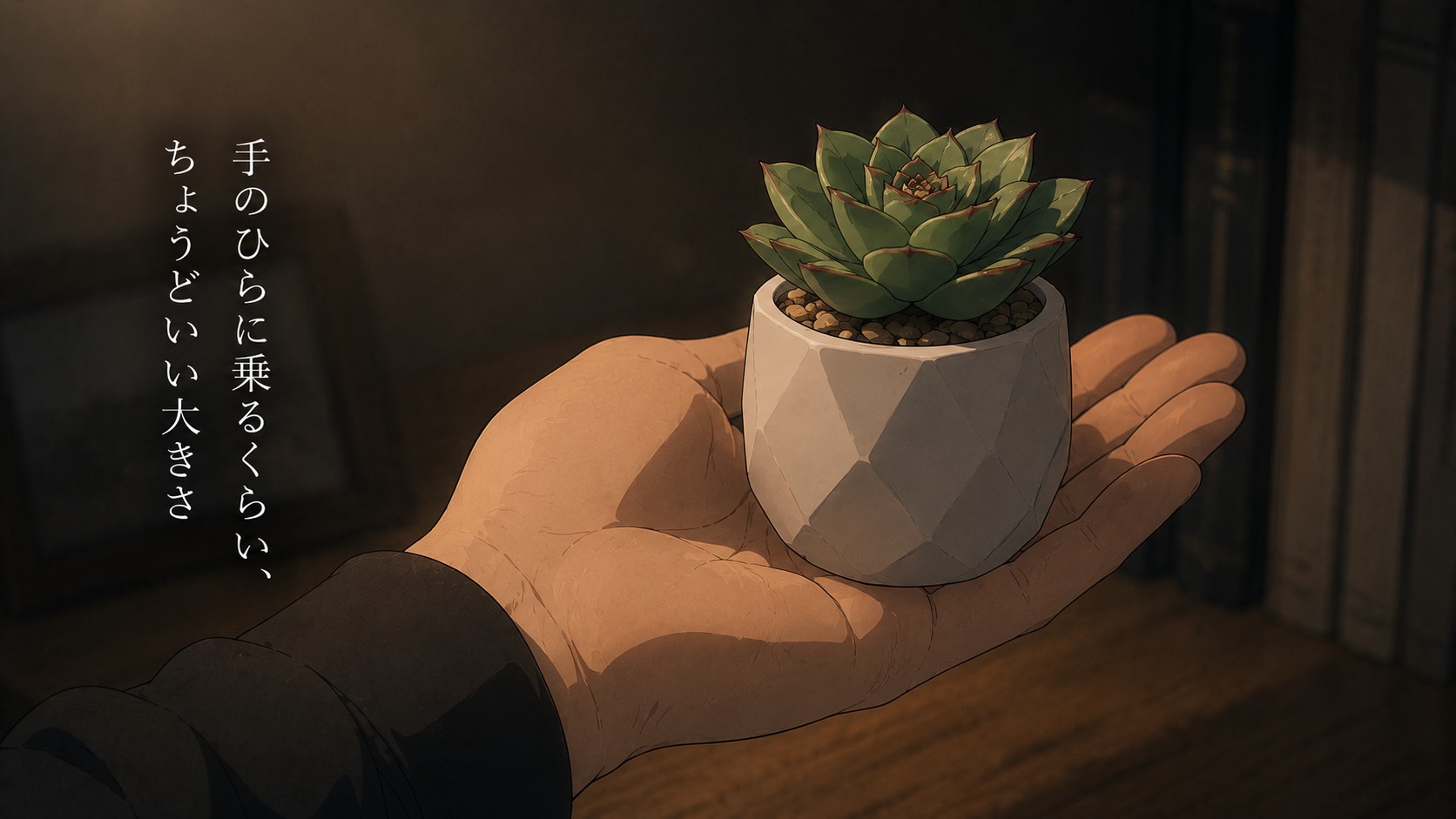 手のひらに小さな多肉植物の鉢を乗せている様子のイラスト