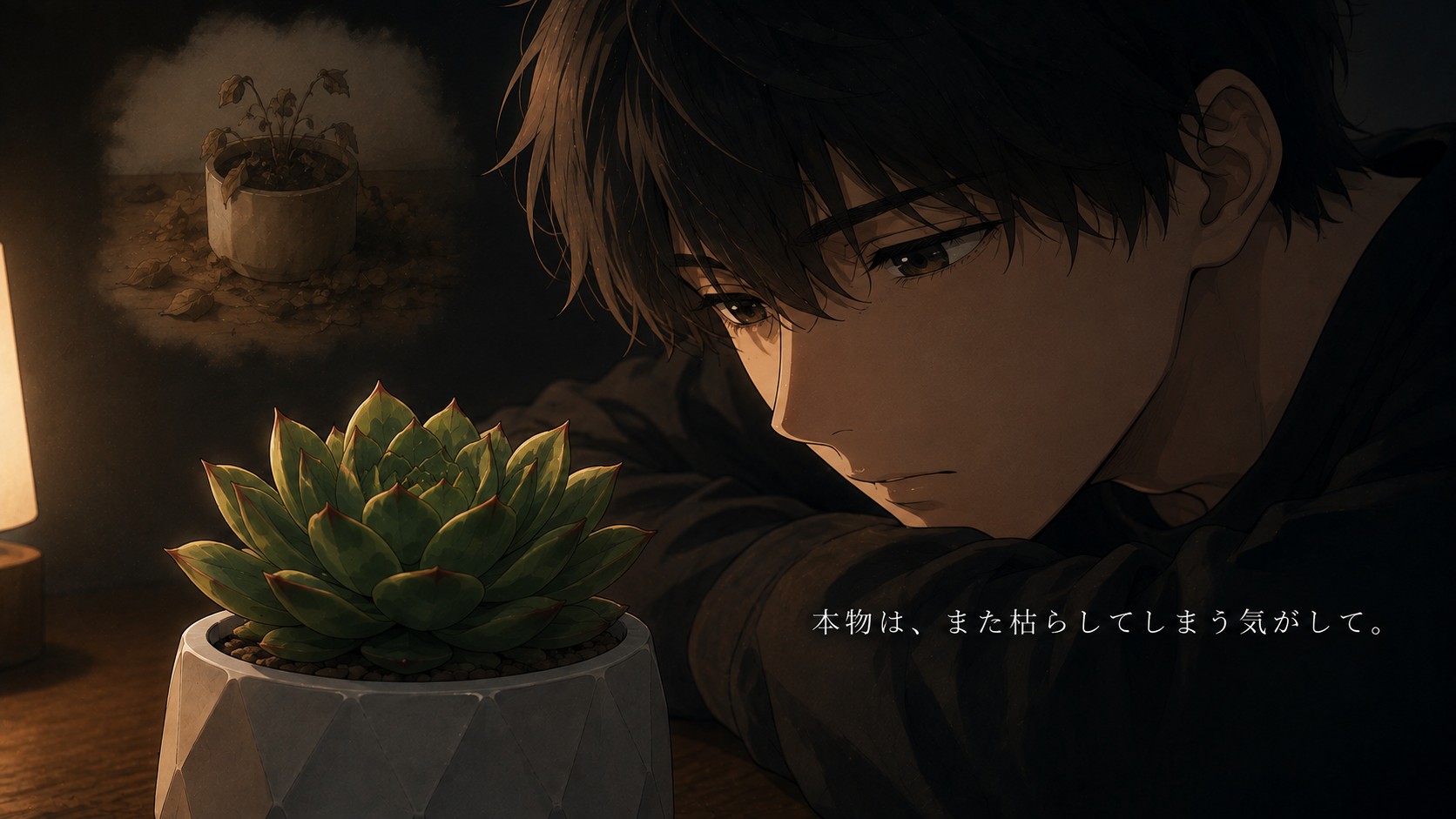 過去に枯らしてしまった鉢植えを思い出しながらフェイクグリーンを複雑な表情で見つめる様子
