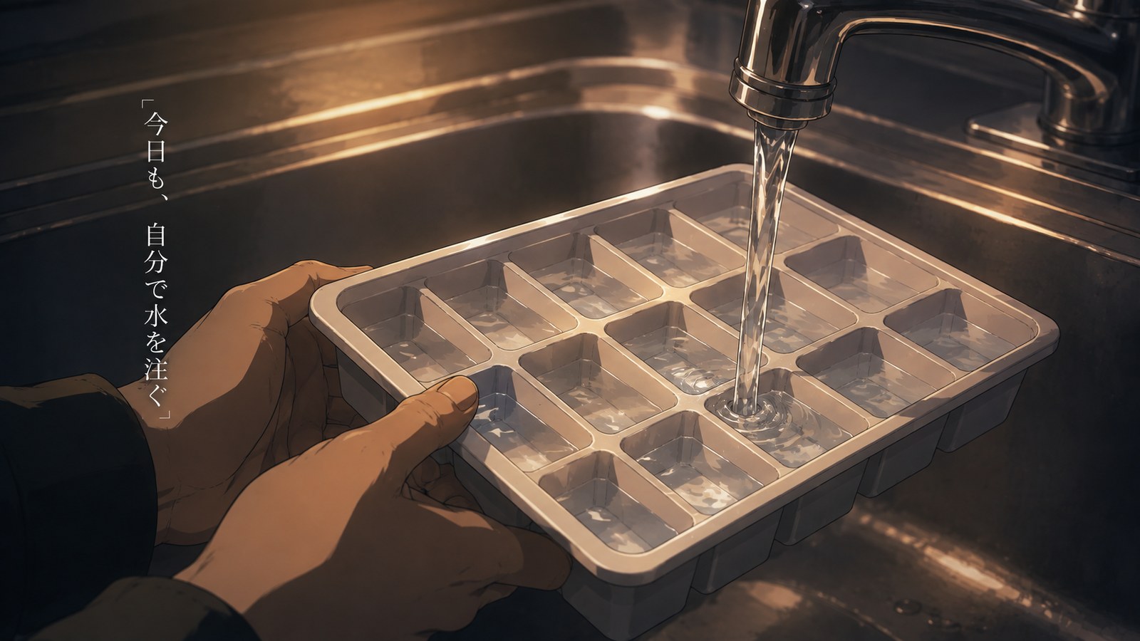 製氷皿に自分で水を注いでいる手元