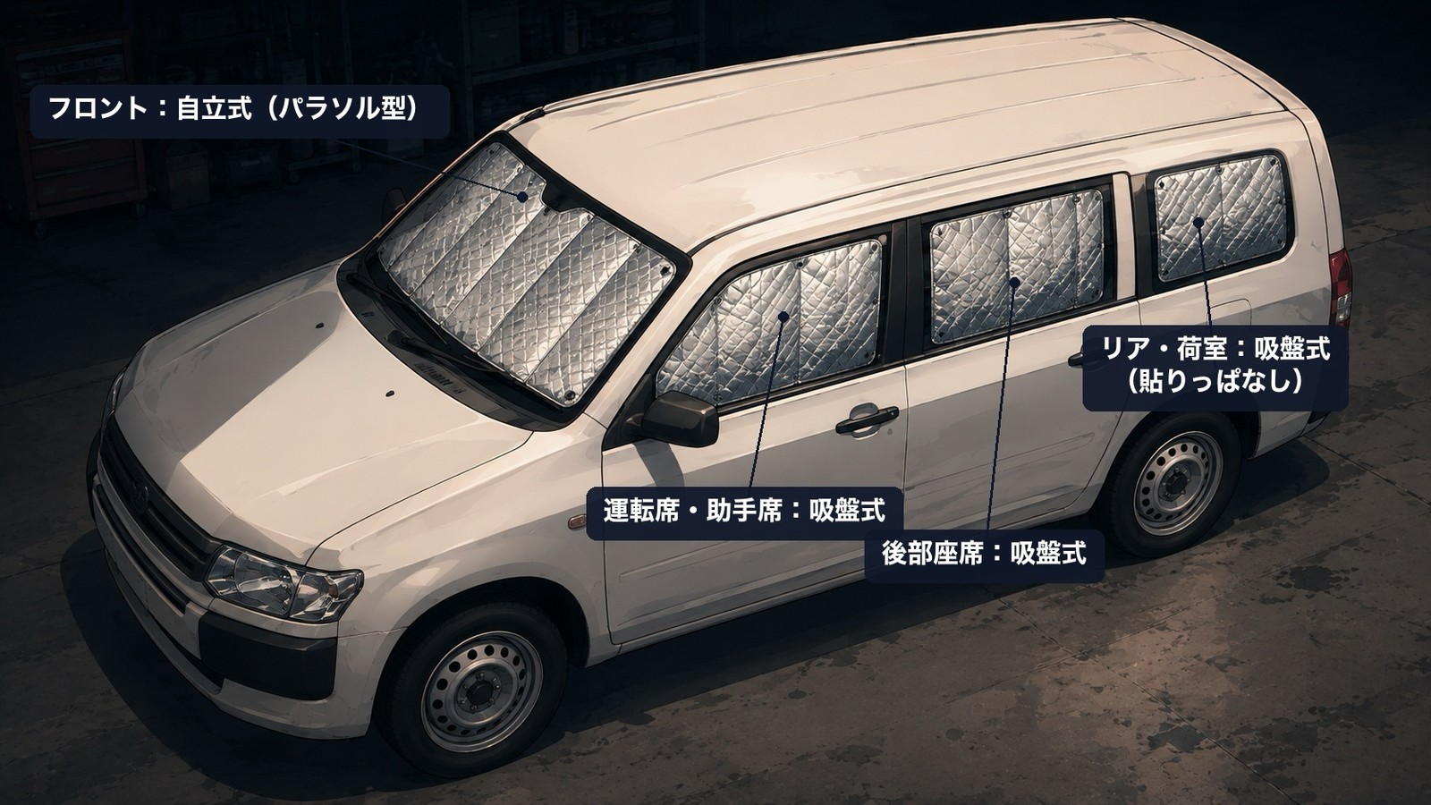 車を斜め上から見た図。フロントは自立式（パラソル型）、運転席・助手席は吸盤式、後部座席は吸盤式、リア・荷室は吸盤式（貼りっぱなし）と各窓にサンシェードの種類を日本語ラベルで示している