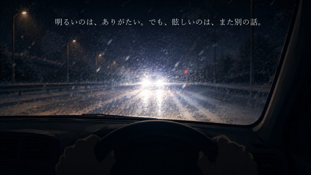 夜の運転席からフロントガラス越しに見た、対向車の眩しいLEDヘッドライトのイラスト