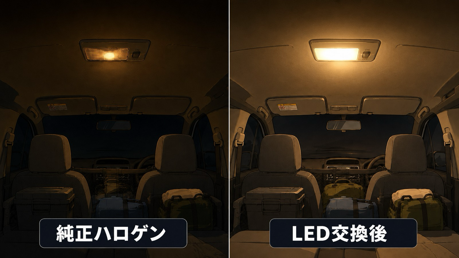 プロボックスの純正ハロゲンルームランプと、LED交換後の車内の明るさを比較したイラスト