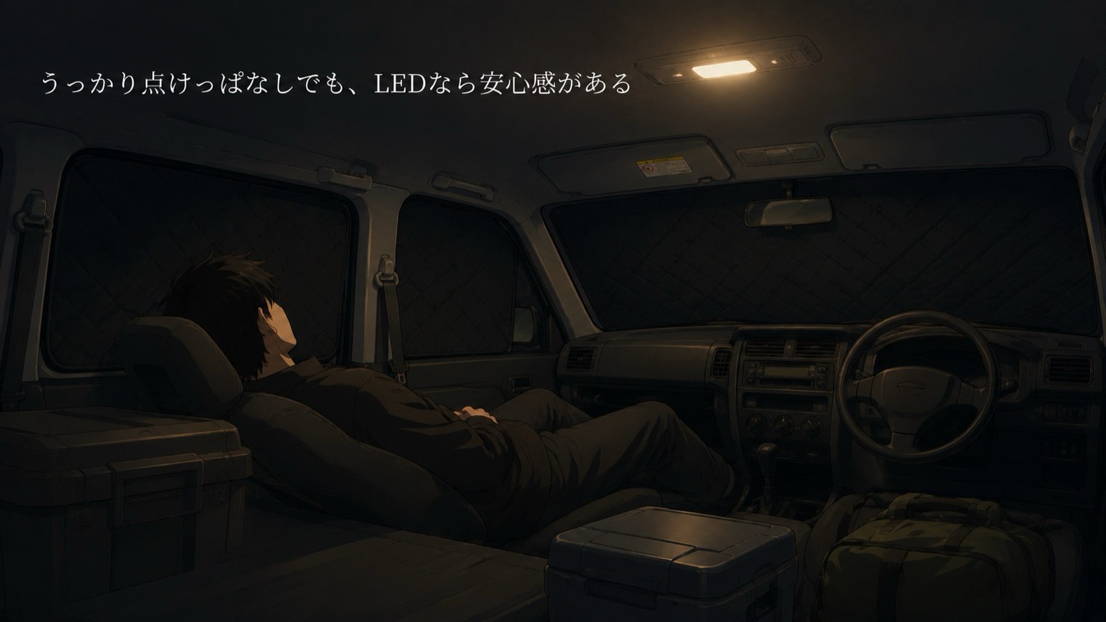 車中泊中、ルームランプを点けたまま仮眠している様子のイラスト