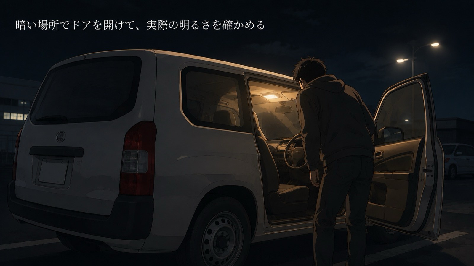 夜の駐車場でドアを開け、交換後のルームランプの明るさを確認している様子のイラスト