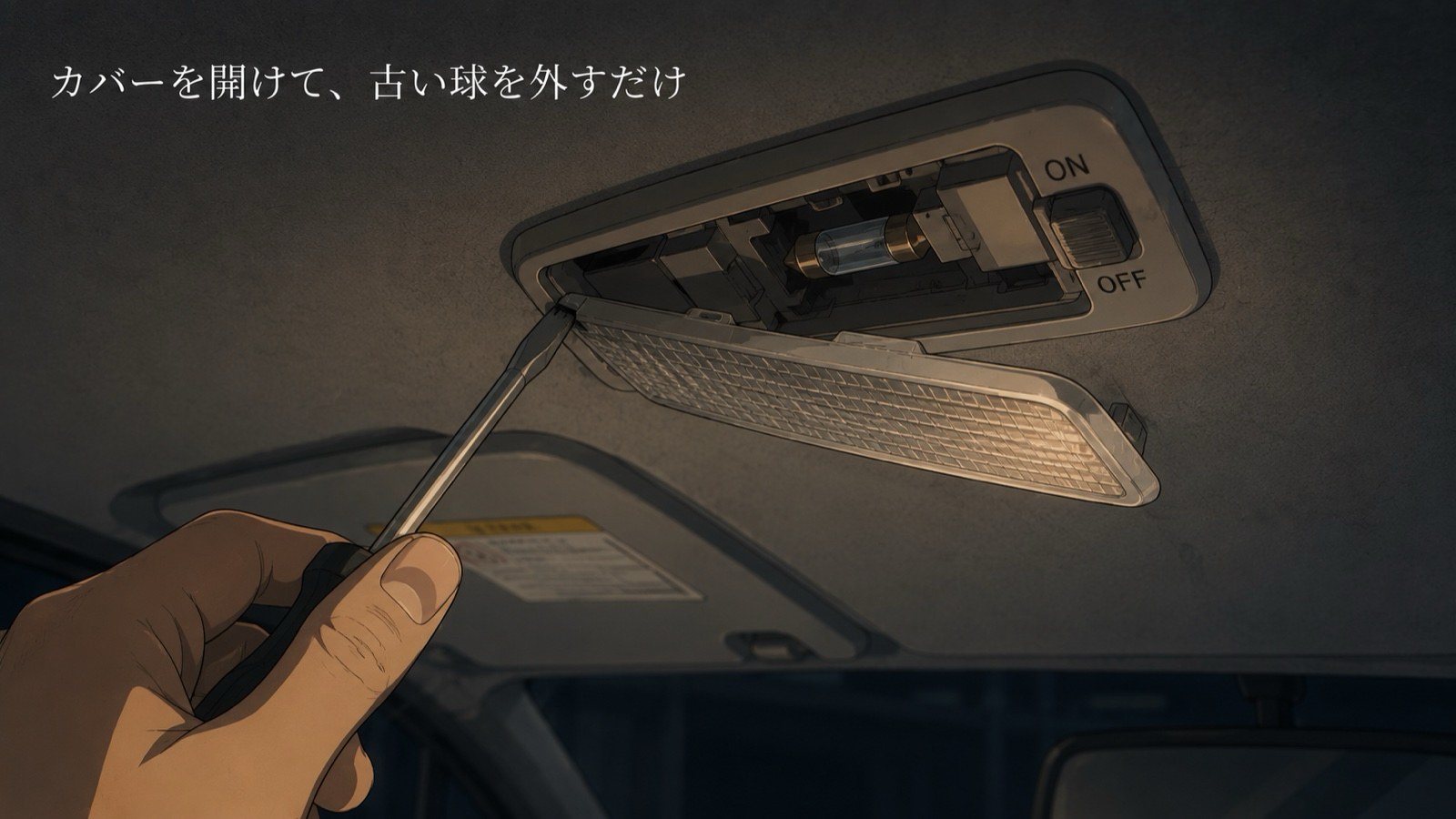 マイナスドライバーでルームランプのカバーを開けて古い電球を外している様子のイラスト