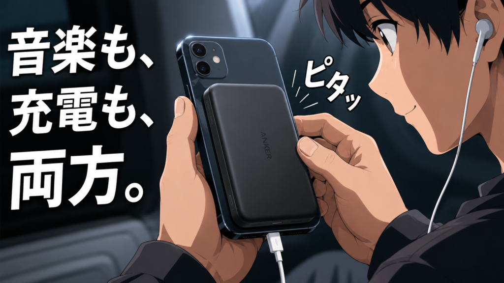 iPhoneに有線イヤホンを挿したままAnker MagGoモバイルバッテリーを磁石でくっ付ける手元イラスト、「音楽も、充電も、両方。」の文字入り