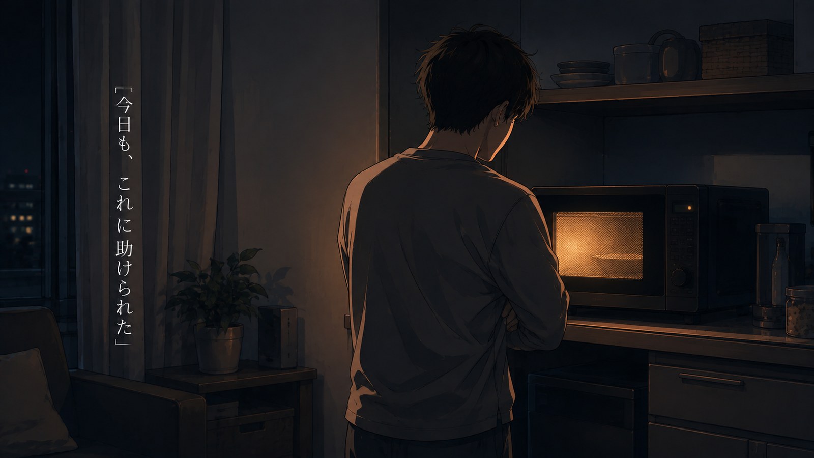夜、電子レンジで温め待ちをしている後ろ姿