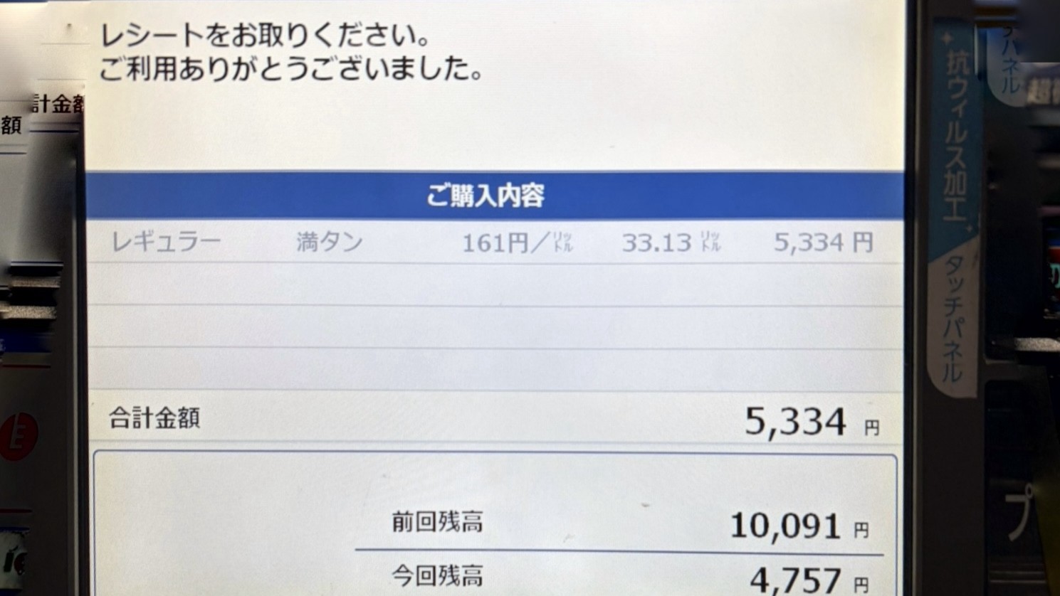 セルフ式ガソリンスタンドの給油機の会計画面。レギュラー満タン、単価161円、給油量33.13L、金額5,334円の表示