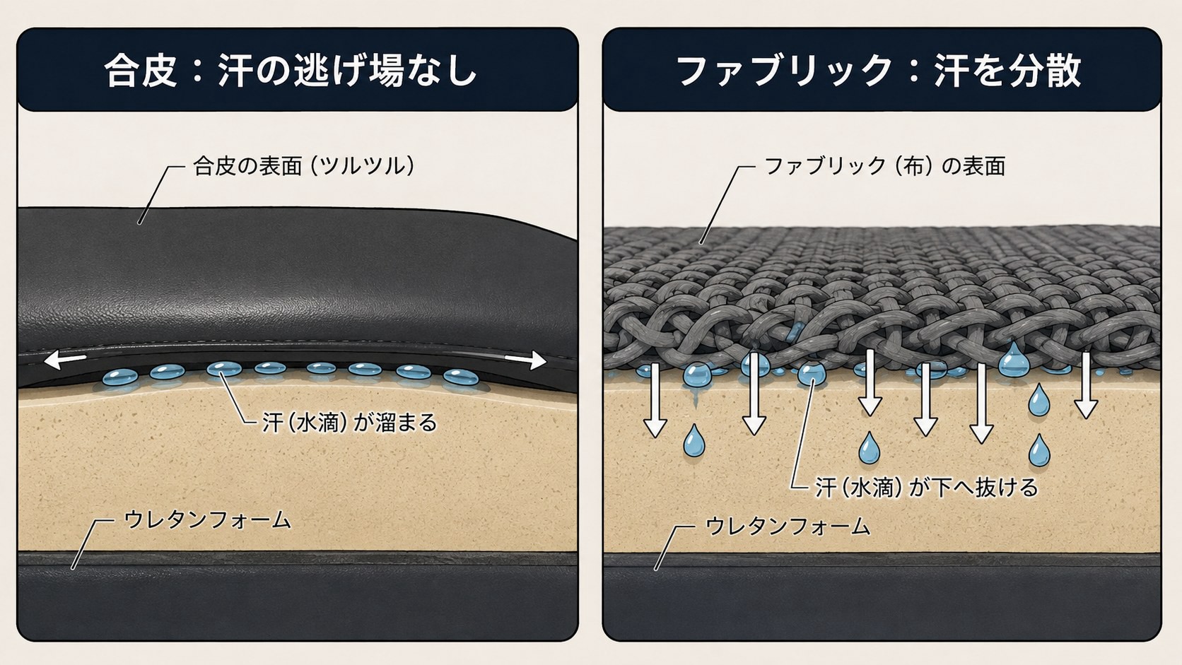 合皮とファブリックの断面比較図。合皮は汗が表面に溜まり、ファブリックは汗が下へ抜ける仕組みを図解