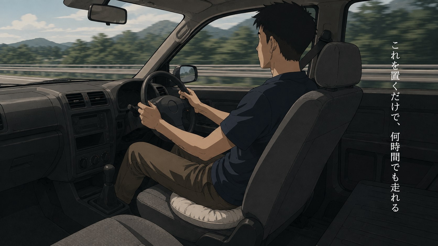 純正のグレーファブリックシートにドーナツ型クッションを置いて長距離を運転している後ろ姿