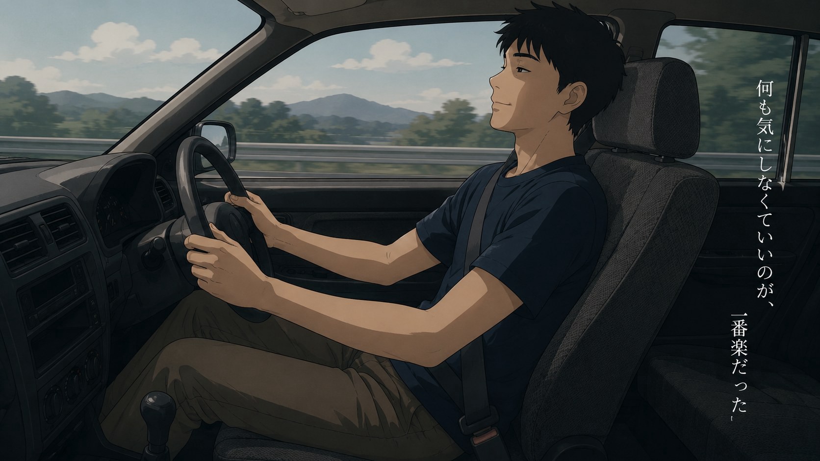 地味なグレーの純正ファブリックシートに深く腰掛け、リラックスして運転する男性の横顔