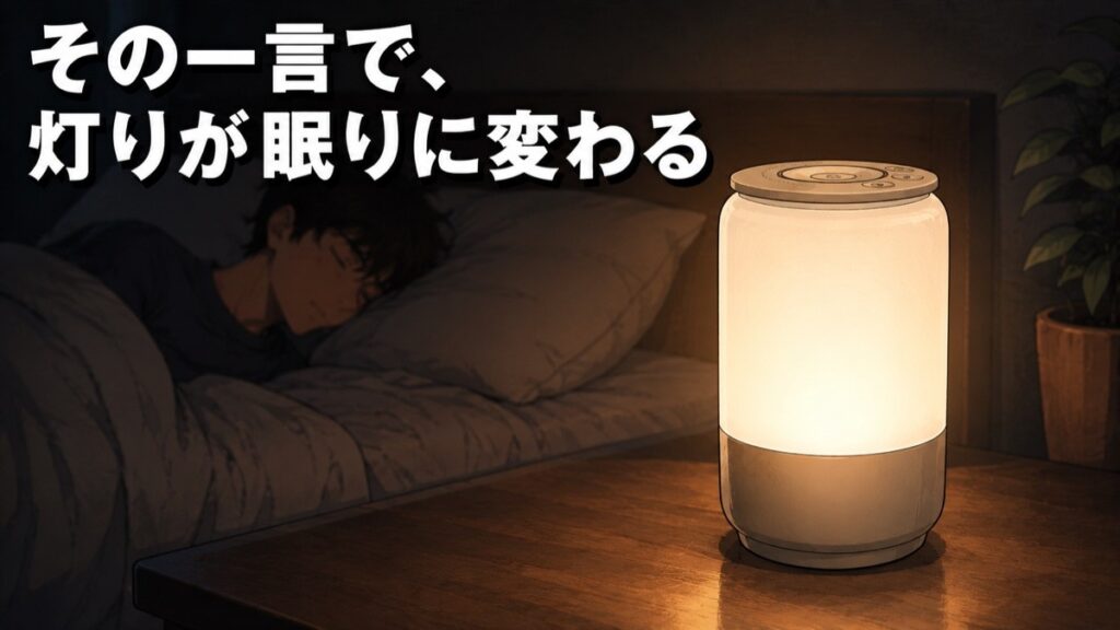 +Styleベッドサイドランプが暖色に光っている様子。奥のベッドで眠っている人物