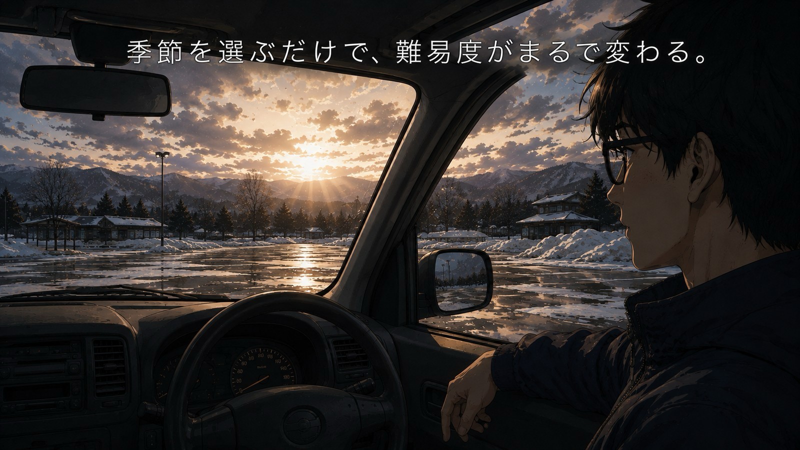 早春の朝、雪解けの残る道の駅の駐車場を右ハンドルの運転席から見ている場面。窓を少し開けて外の空気を確かめている