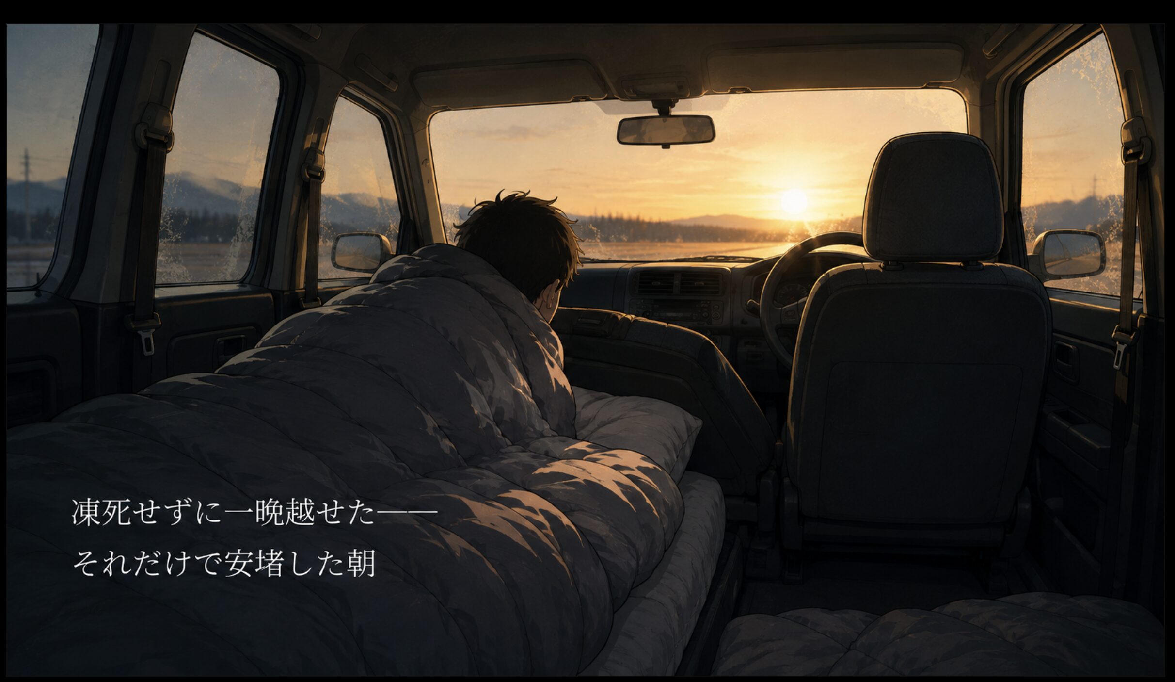 初冬の車中泊デビューの朝、布団にくるまりながら車内から日の出を見て安堵している人物