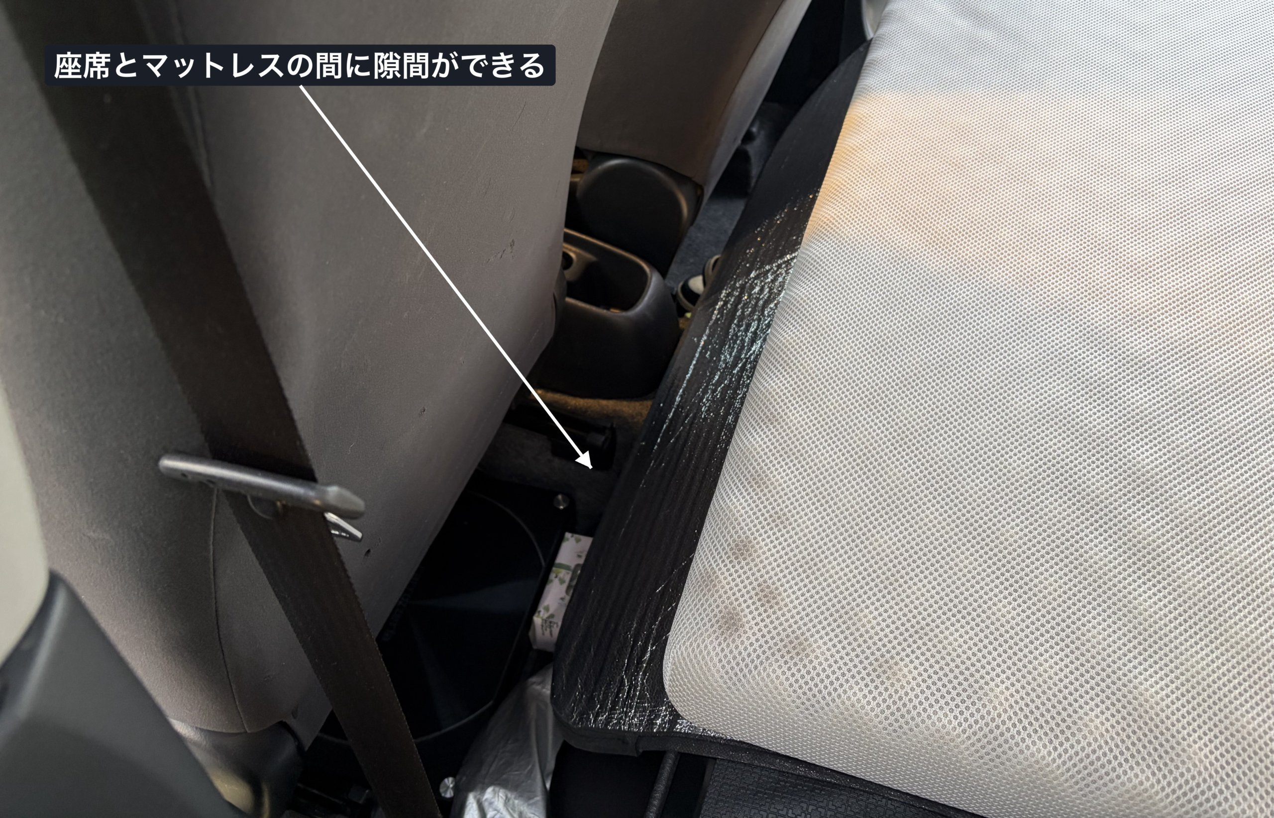 座席とマットレスの間に隙間ができることを示す注釈付き写真