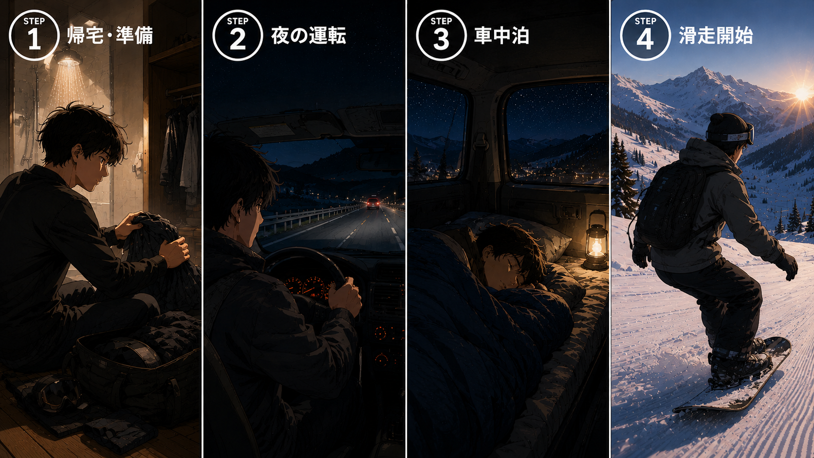 遠征当日の流れ（帰宅準備→夜の運転→車中泊→朝すぐ滑走開始）を示す4コマ