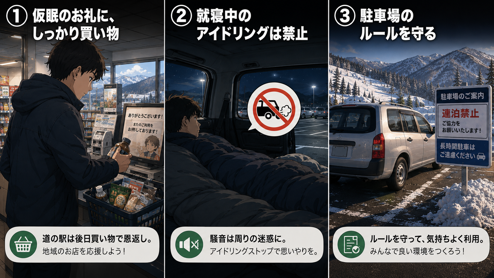 車中泊のマナー3点（コンビニでの買い物・アイドリング禁止・駐車場ルール順守）を示すイラスト