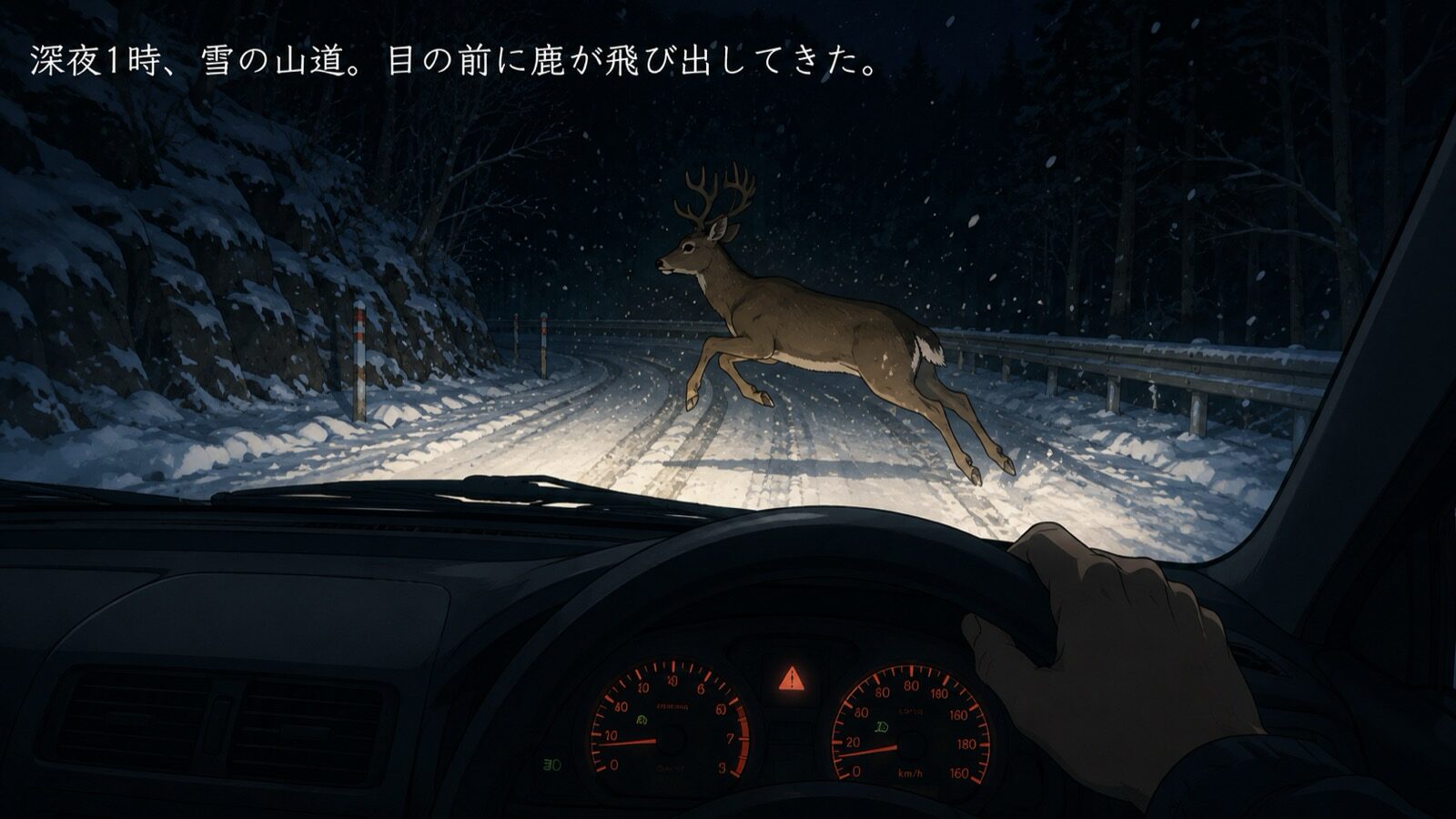深夜、雪の山道で対向から鹿が道路に飛び出してくる瞬間の運転席からの視点イラスト