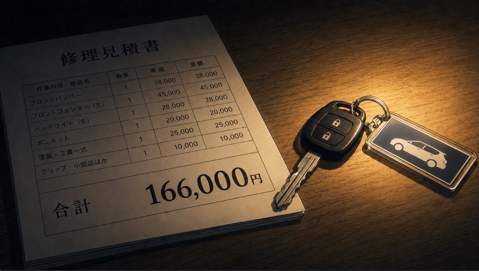修理見積書に166,000円、レンタカーの鍵のタグに車のアイコンが描かれ、修理費より高くついたレンタカー代を示すイラスト