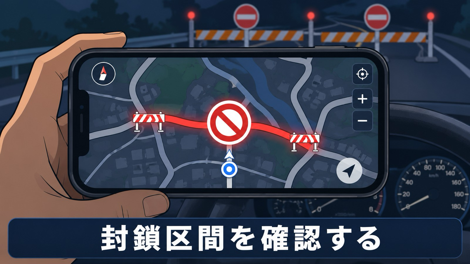 スマホの地図アプリで通行止め区間に赤い線と進入禁止マークが表示されている様子